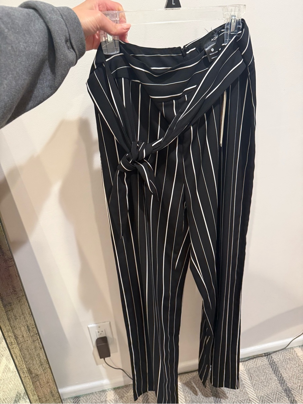 Aqua Black and White Vertical Stripe Tie-Waist Wide Leg Trousers